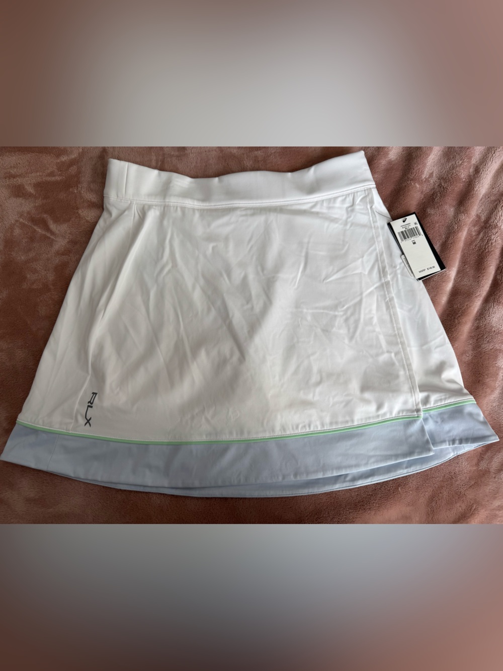 RLX Ralph Lauren White Tennis Skort with Light Blue Hem and Mint Trim